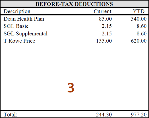 Screenshot of Earnings Statement Before-Tax Deductions section
